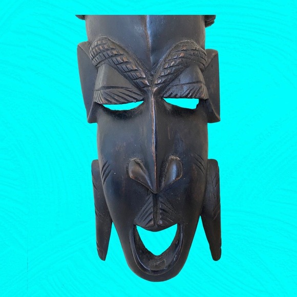 African Wooden Black Carved Mask Human And Monkey Faces 16” Vtg - Picture 2 of 6